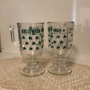 2 Vintage Kelly Week 1985 glasses shamrocks recipe Irish Coffee